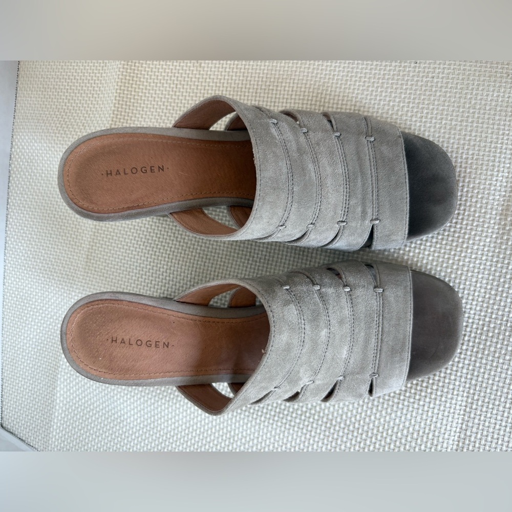 Halogen Size 8 Taupe Grey Suede Leather Slide On Wedge Shoes Heels - Picture 3 of 8